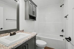 Bathroom with gray vanity and tub in a new manufactured home at 4198 Shalimar Dr in Allendale, MI