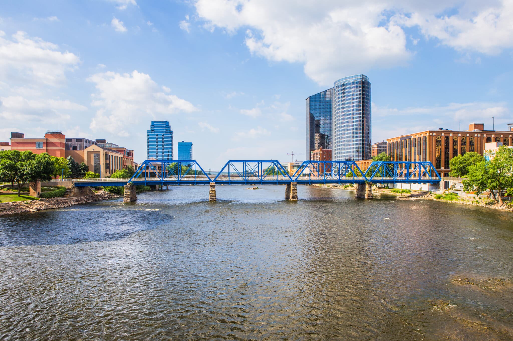Blue bridge over the Grand River in downtown Grand Rapids, Michigan