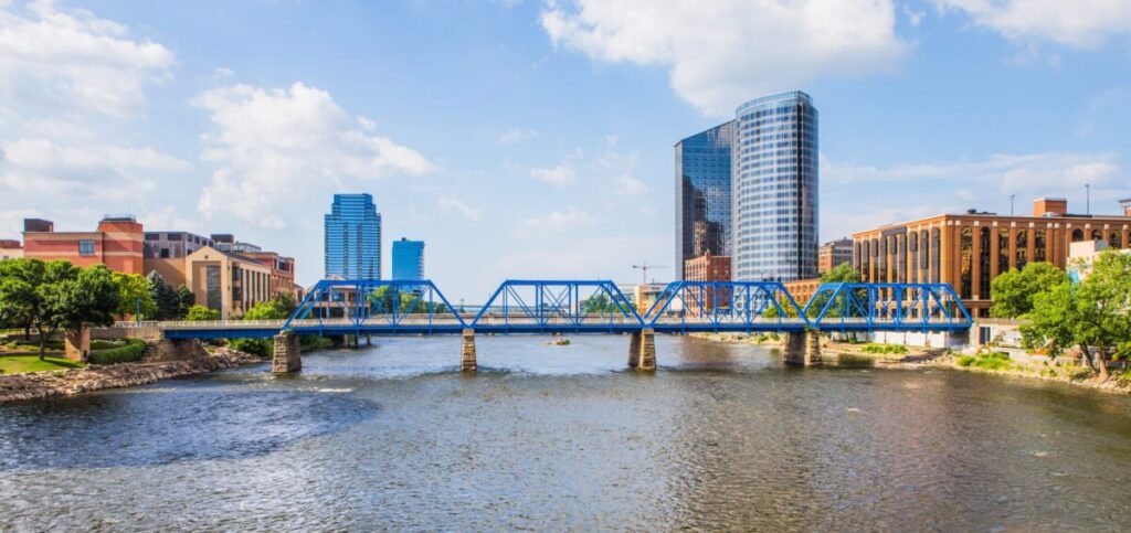 Blue bridge over the Grand River in downtown Grand Rapids, Michigan