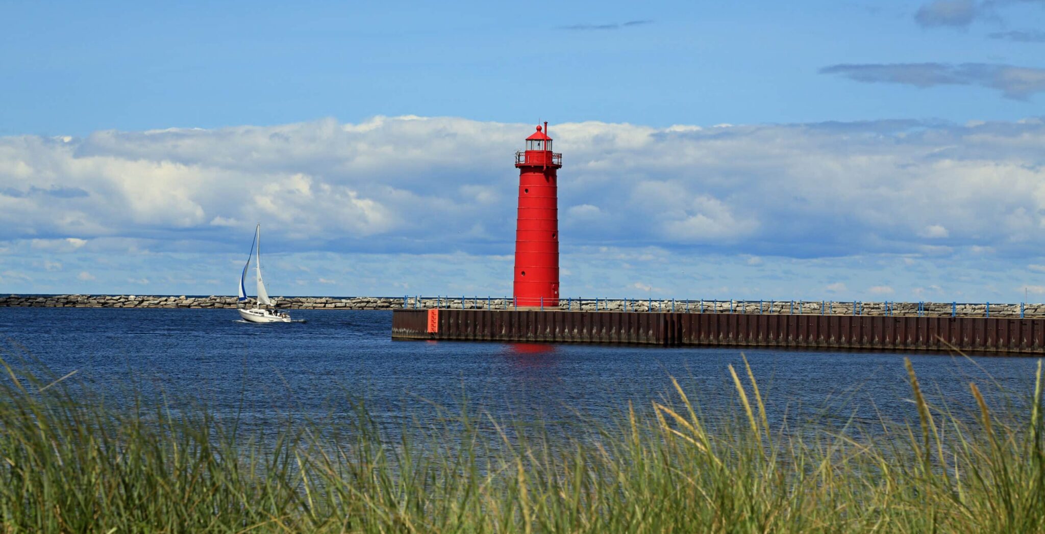 Red lighthouse on the Muskegon, Michigan channel